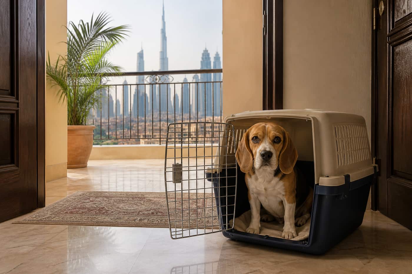 Beagle in a travel crate at a doorway with a Dubai skyline beyond
