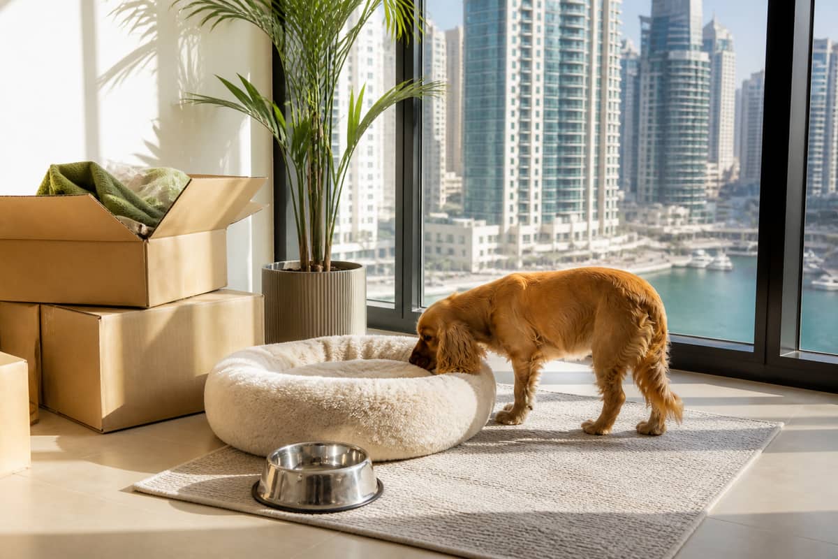 Cocker spaniel sniffing a pet bed in a new Dubai apartment during the first week after relocation