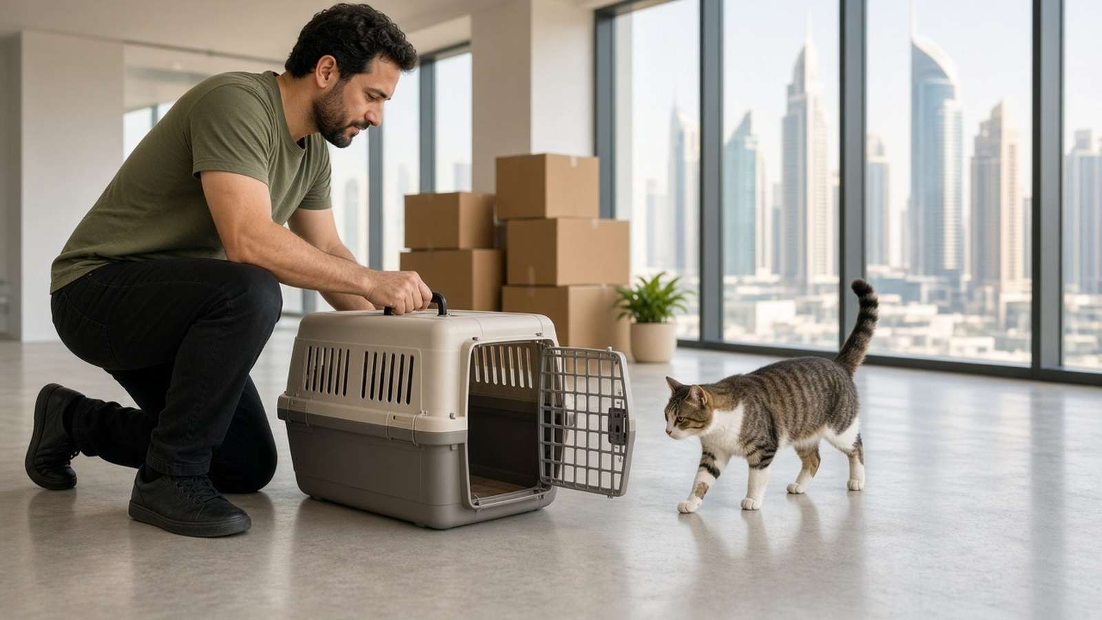 Cat taking its first steps into a new Dubai home after airport arrival and clearance