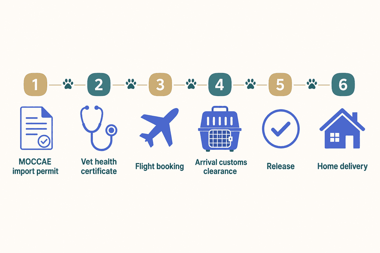 Pet import process for Dubai: permit, health certificate, flight, customs, delivery