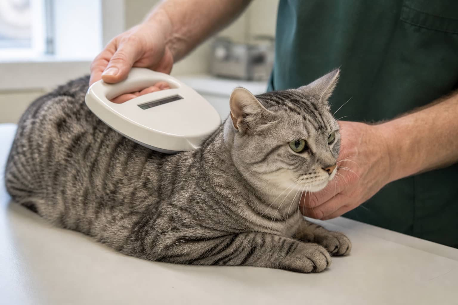 Vet scanning a cat microchip while preparing import papers
