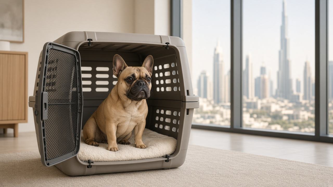 Calm French bulldog sitting in a roomy open travel crate with visible ventilation