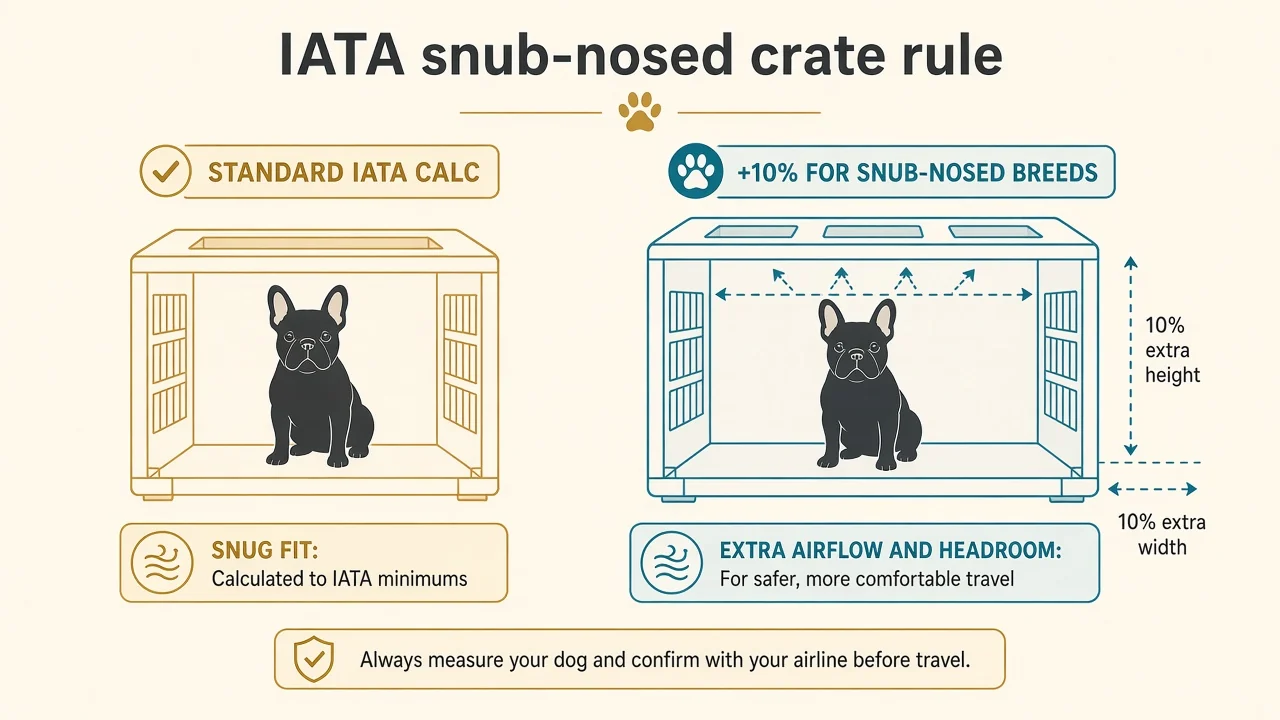 The larger-crate rule for snub-nosed dogs flying to or from the UAE: standard IATA fit versus +10%