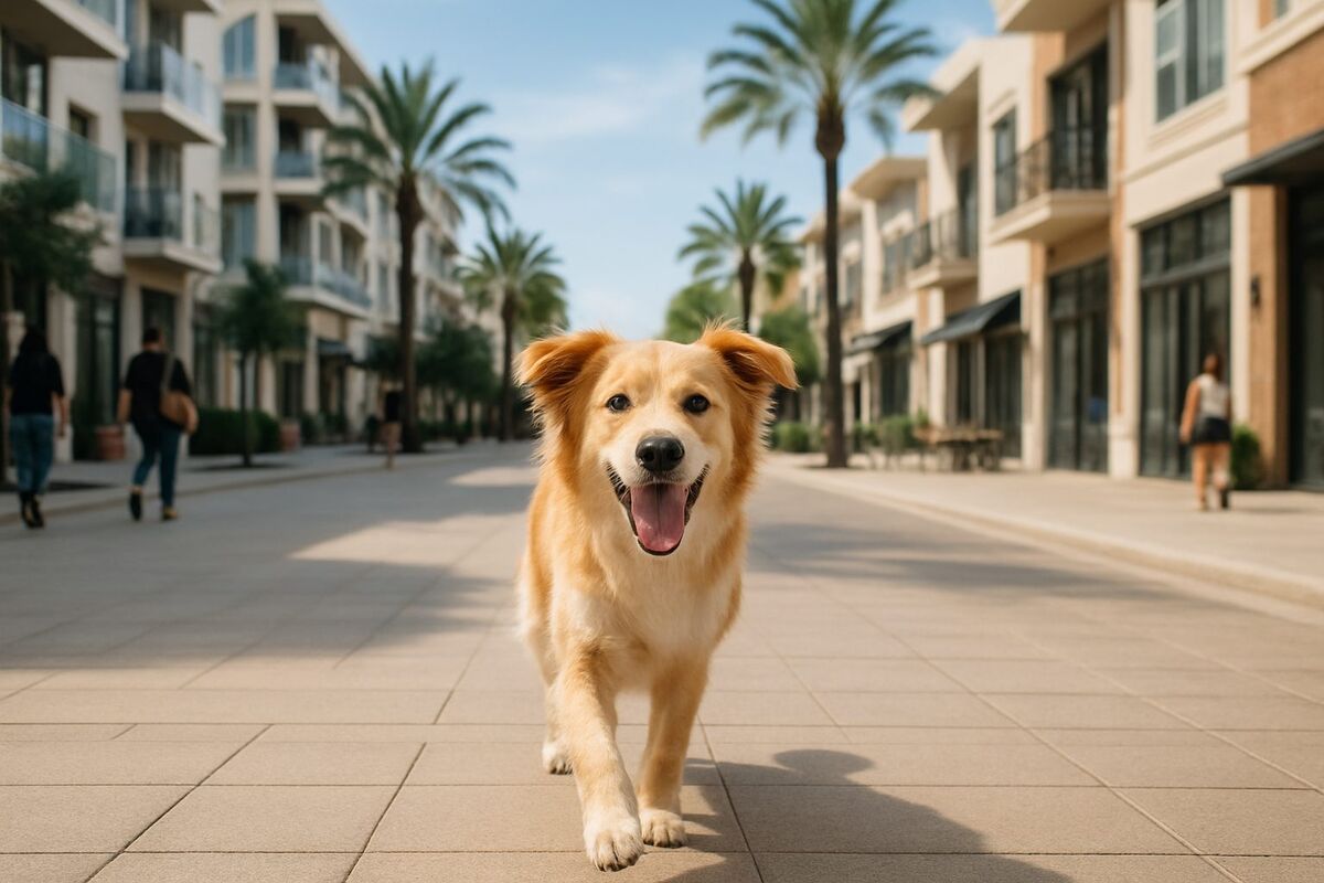 A happy dog on a City Walk promenade with modern low-rise buildings behind — pet relocation in City Walk