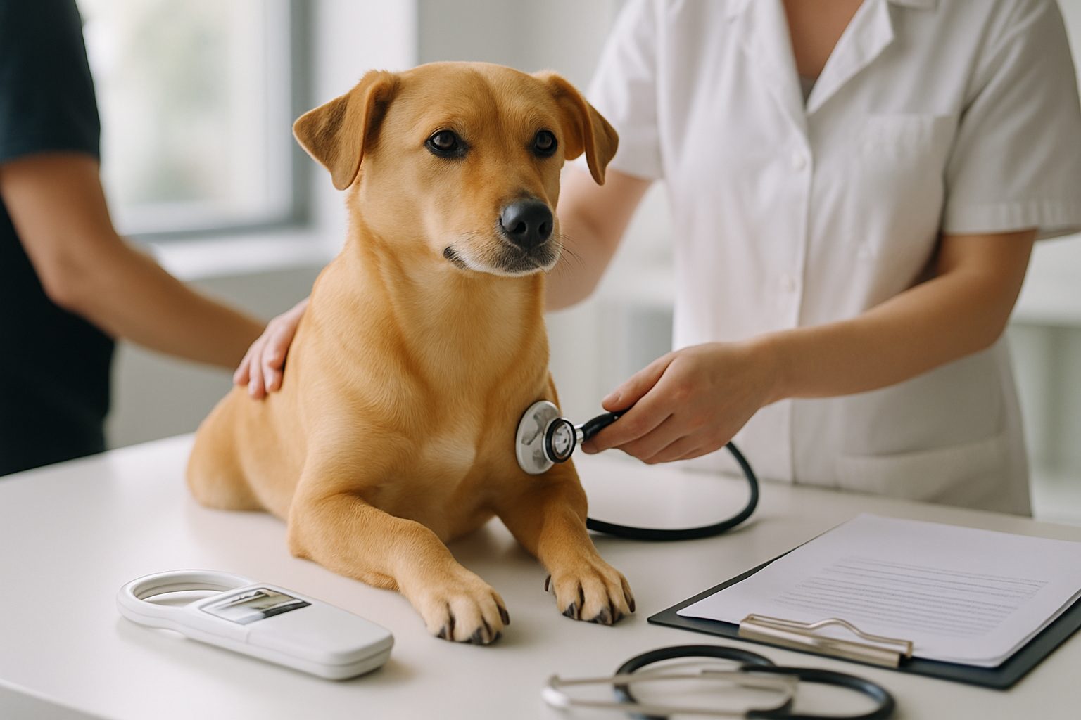 Pet travel checklist with passport-style documents and vaccination records, warm natural lighting.