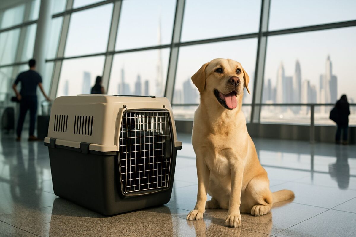 A calm dog and cat beside a travel crate at a bright Dubai airport departure terminal — pet export from Dubai