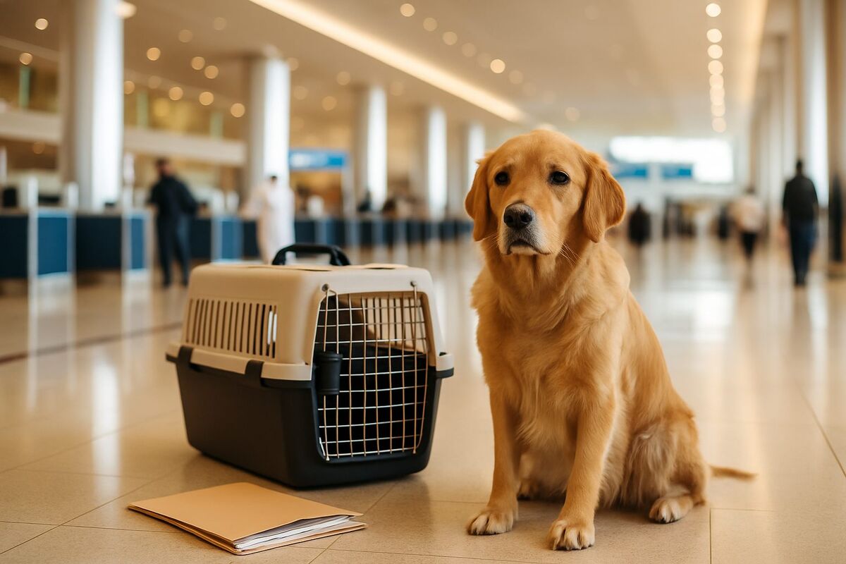 A relaxed dog and cat arriving beside a travel crate at a bright Dubai airport terminal — pet import to Dubai