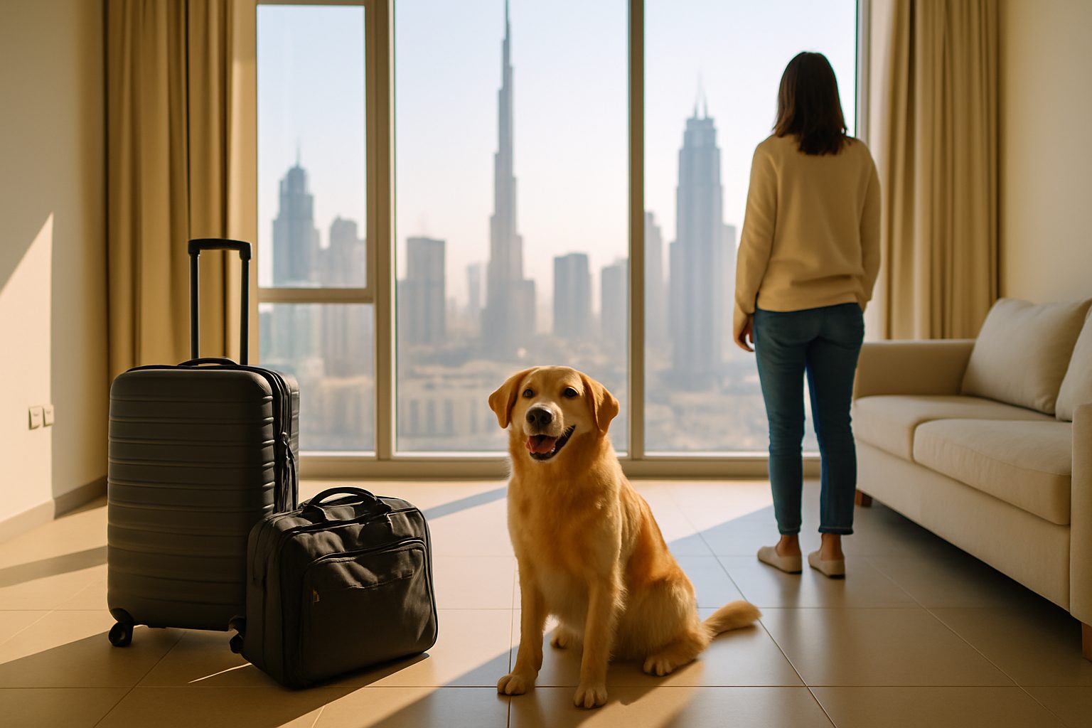 A relaxed dog and cat beside a travel crate arriving at a bright Dubai airport — pet relocation to Dubai