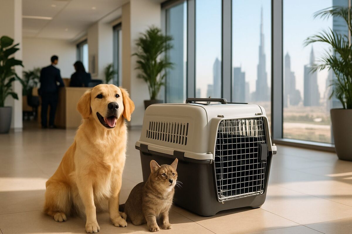 Pet relocation service desk in Dubai with dog, cat and travel crate