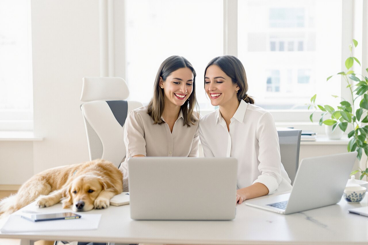 Pet relocation coordinators reviewing a client's travel paperwork together, with a calm dog resting nearby
